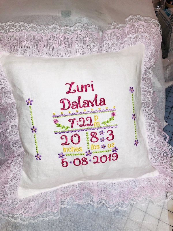 Theresa, Embroidered Biirth Announcement pillow. Made with opti white linen and pink lace for my great niece.