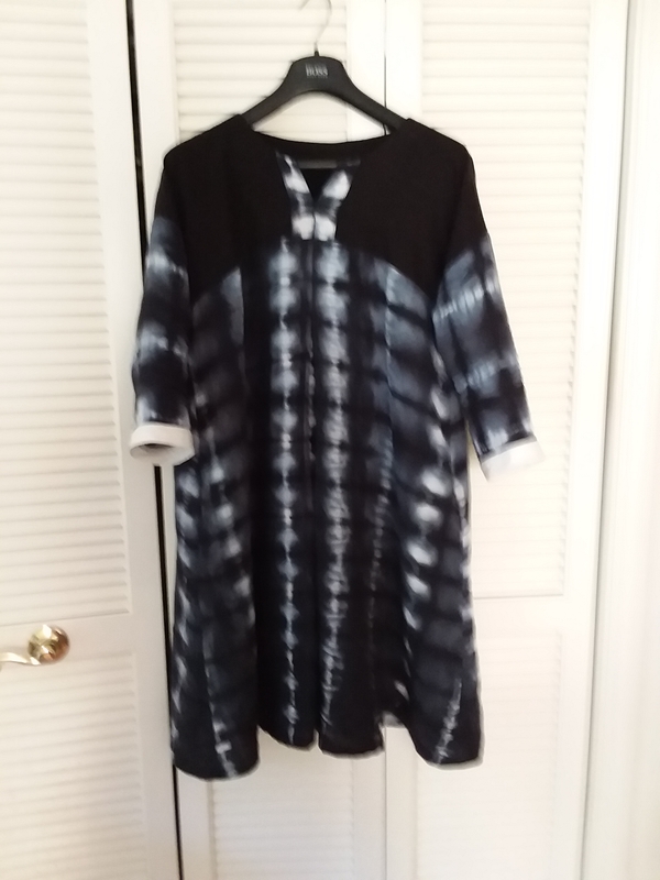Julia, Shibori dyed bleached middle weight linen, dyed with Dharma fiber reactive Hot Black.