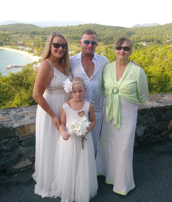 Elaine, Wearing Eva and Nico at renewal of wedding vows above Honeymoon Beach on St. John, U.S.V.I.
