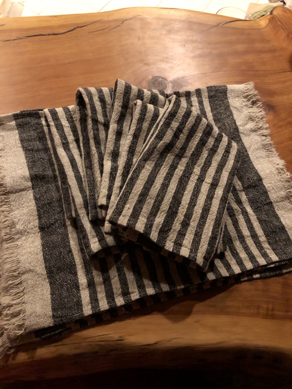 Chris, I used the heavy 19" striped linen canvas to make placemats and kitchen towels.  I fringed the...