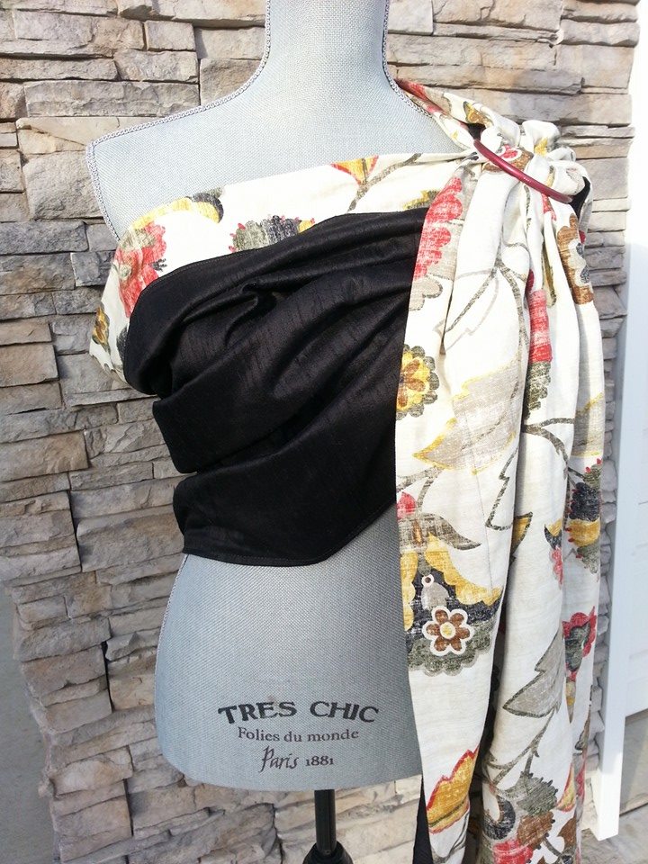 Mariela, UCHI Fall ring sling baby carrier, reversible linen and black silk dupioni. One of a kind producti...