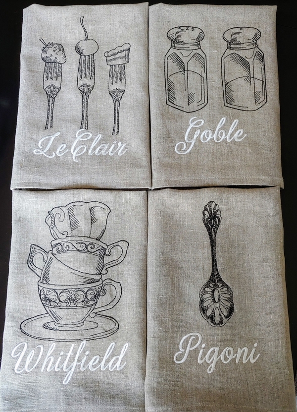 Jeanmarie, Personalized linen tea towels. My friend buys my towels to include in her thank you gift baskets to...