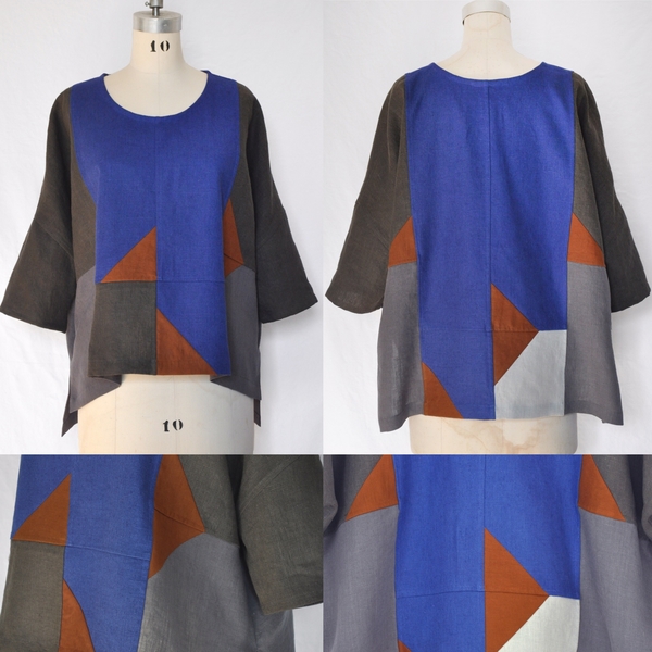 Laine, This Quilted Pullover was pieced together using Fabrics-Store linen colours Ultramarine, Graphite, N...