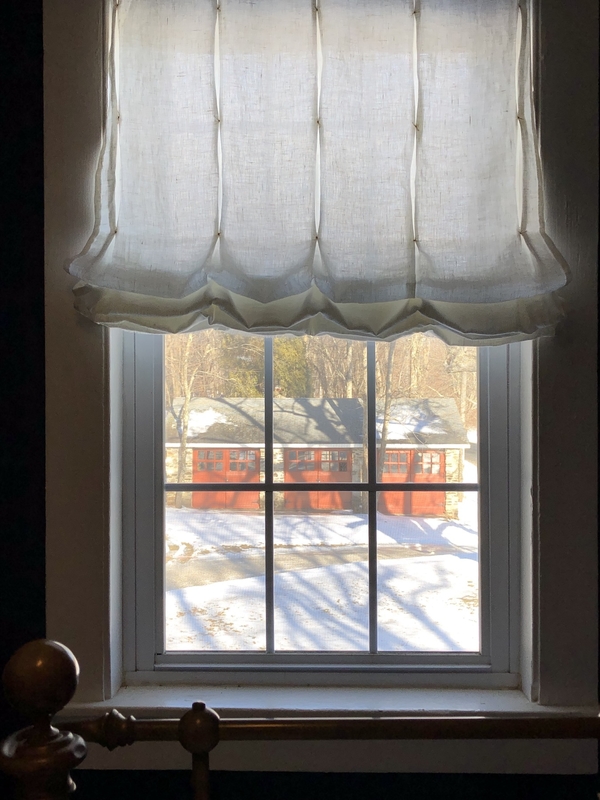 Heather, "Pouf" Window Shade - with gold beads and threads made to rise with relaxed, round and nat...