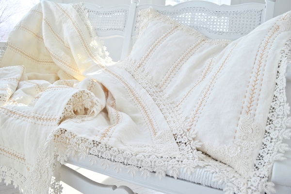 Julie, Lap throw of Linen with a Venice Lace border and matching pillow sham. Completely hand embroidered/q...
