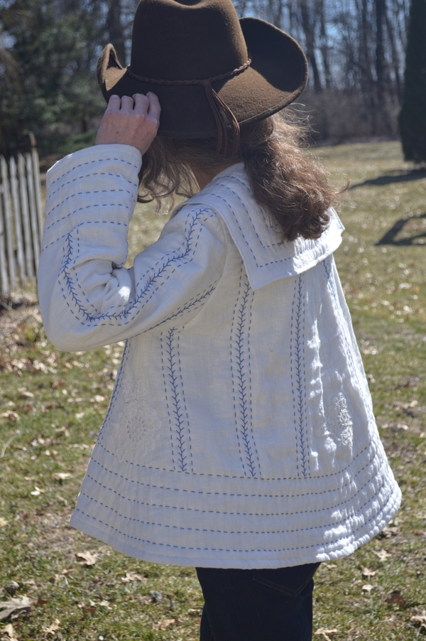 Julie, Swing Jacket with large collar, made of Linen and lined with cotton calico. Hand embroidered/quilted...