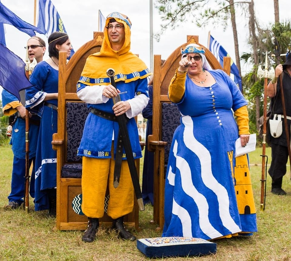 Crissy, Investiture garb for SCA Barony of Marcaster. Blue is Ultramarine ILO19, Gold is ILO19 and ILO20 in...