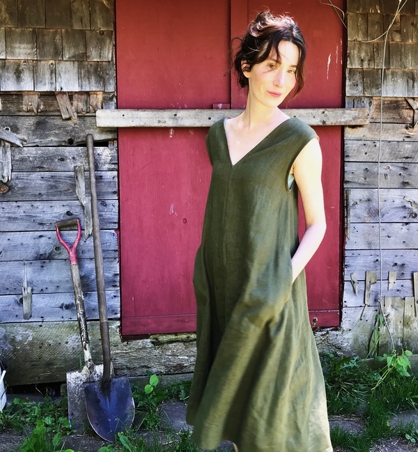 Abby, This is a self-drafted v-neck trapeze dress in 100% linen. It has a zip closure in back and is finis...