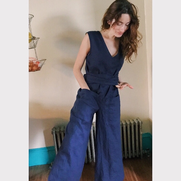 Abby, This is a self-drafted 100% linen jumpsuit with attached waist ties and patch pockets. It has a cont...