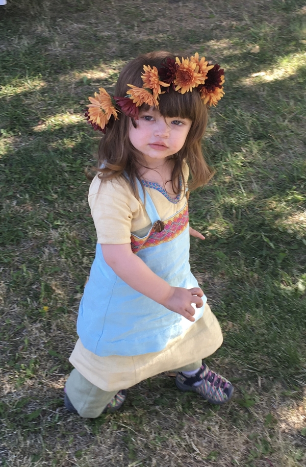 Sandra, Re-enactment/costume - Viking garb for a toddler girl. She is wearing pale green linen trousers, a y...