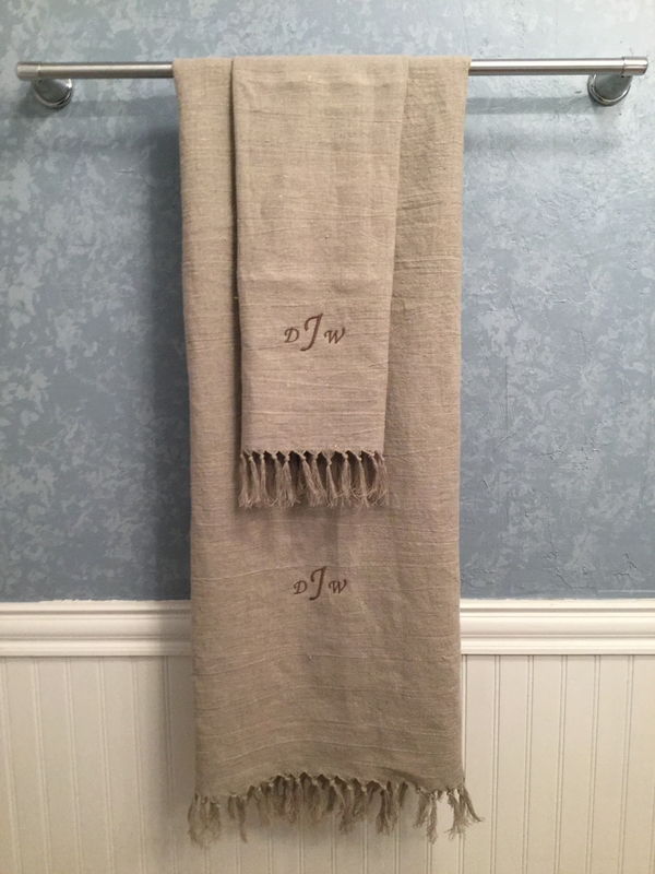 Patti, Monogrammed bath and hand towel set made from 4C22 Natural linen using a pattern from the FS collect...