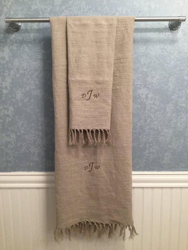 Patti, Monogrammed bath and hand towel set out of 4C22 Natural linen using the Fabric Store pattern collect...