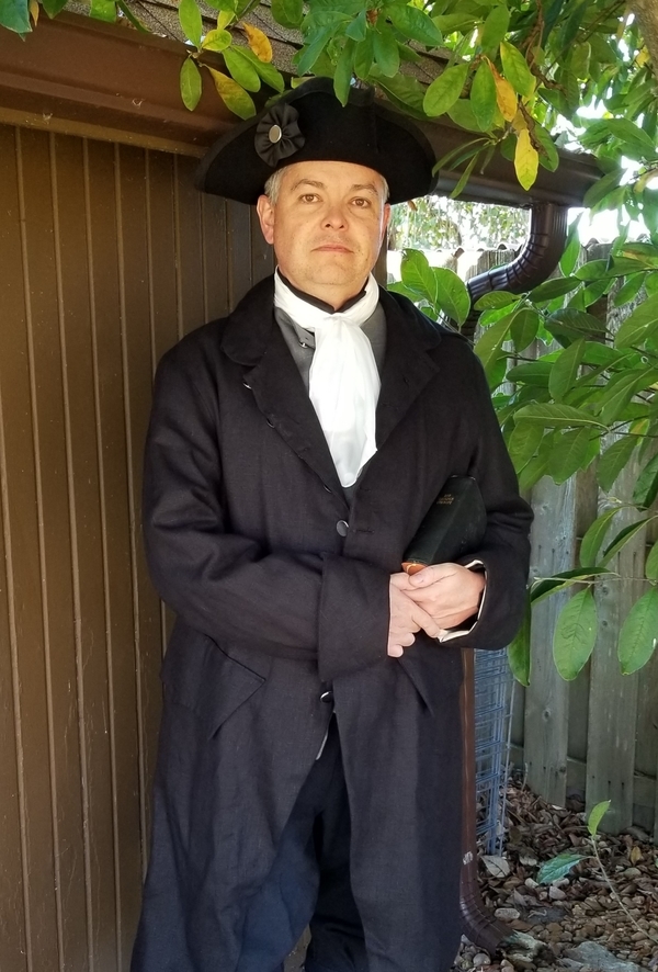 Adam, Black linen frock coat and asphalt waistcoat. 1770s Lutheran Pastor.