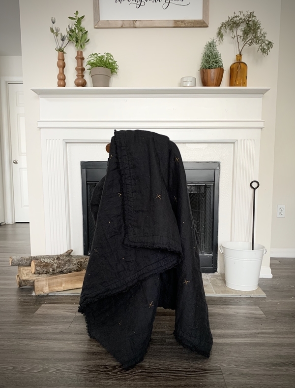 Nicole, Black linen throw blanket with bold mustard hand stitched quilting. This blanket has a lovely, vinta...