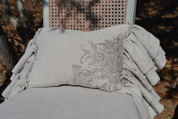 Karen, Lumbar Pillow made with 4C22 Natural Linen. Double Ruffle with raw edges. Stamped with IOD Rose Toil...