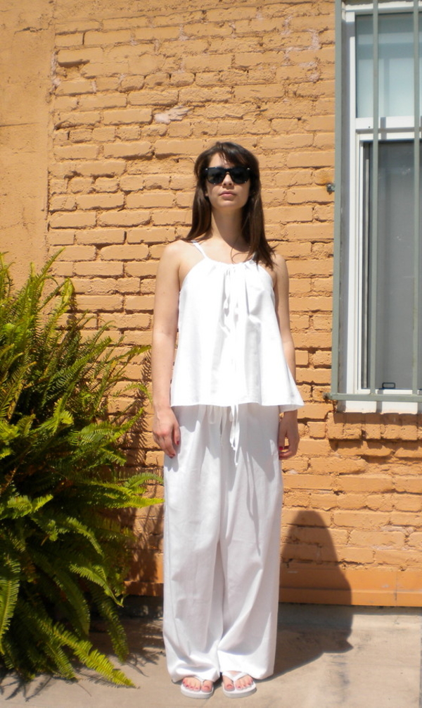 Sandra, White handkerchief linen drawstring PJ Pants w/ matching Drawstring Halter Top