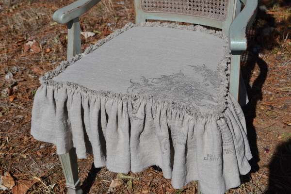 Karen, Chair Slip Cover made with 4C22 Natural Linen with single raw edge ruffle. Stamped with IOD Rose Toi...