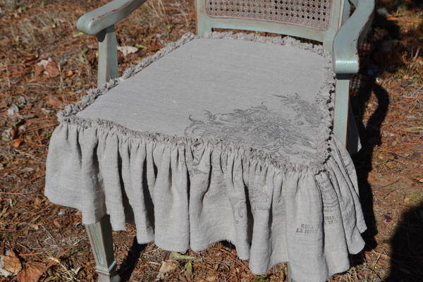 Karen, Chair Slipcover made with 4C22 Natural Linen with single raw edge ruffle. Stamped with IOD Rose Toil...