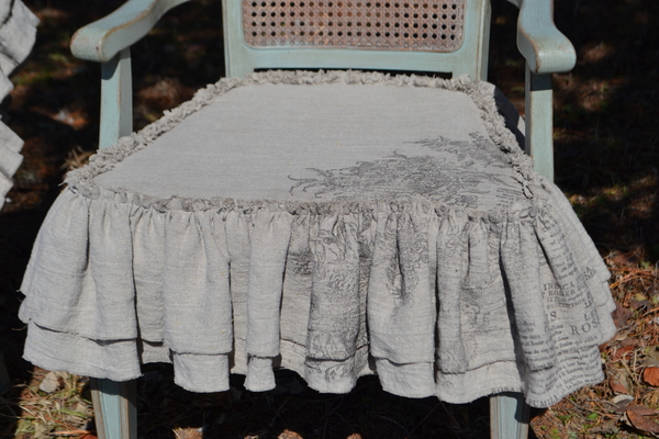Karen, Chair Slipcover made with 4C22 Natural Linen with double raw edge ruffle. Stamped with IOD Rose Toil...