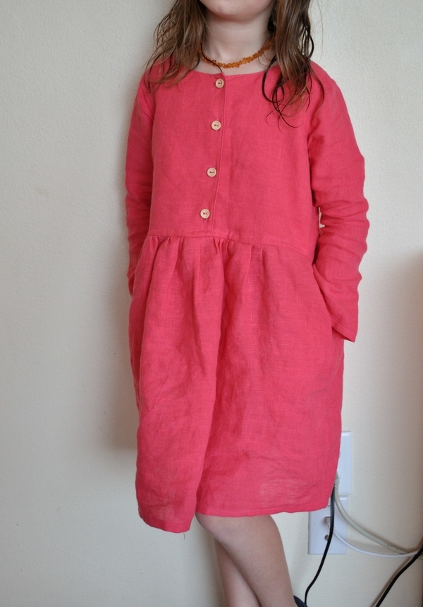 Johanna, Classic fit girls dress, made with IL019 Honeysuckle Softened. Reversible, buttons can be worn in fr...