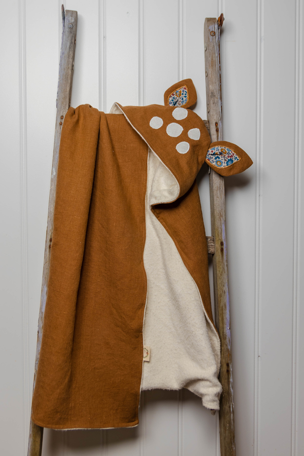 Celeste, Hooded fawn baby towel in ginger heavyweight linen with linen appliqué. (Apparel)