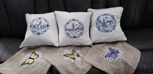 Patricia, Various embroidered cushion covers on heavy weight white and natural linen. Linen is lovely for mach...