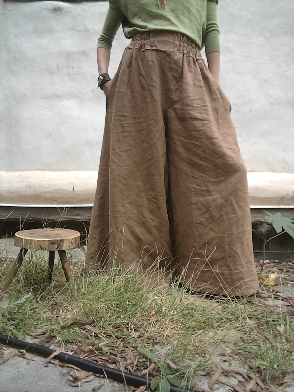 Rain, Full "skirt pants" in 100%  heavy weight ginger linen. With pockets and scrunchy elastic w...