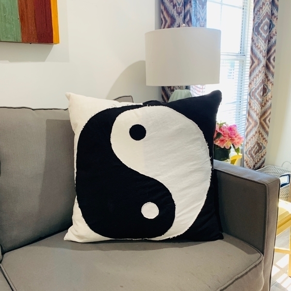 Rosalind, Large Black and White Linen Yin and Yang pillow.  The back of the pillow is half white and half
blac...