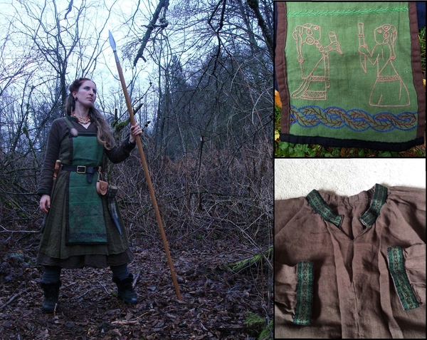 Kirsten, My norse SCA fancy garb, inspired by 9th-10th century Scandinavian grave finds. Close-ups of the emb...