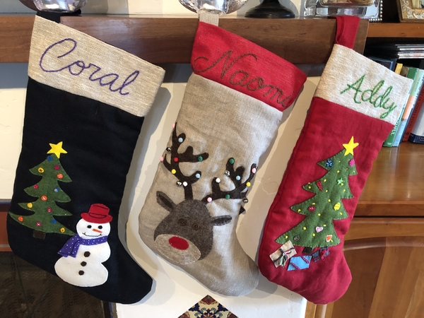 Carol, Linen stockings with felt applique.
