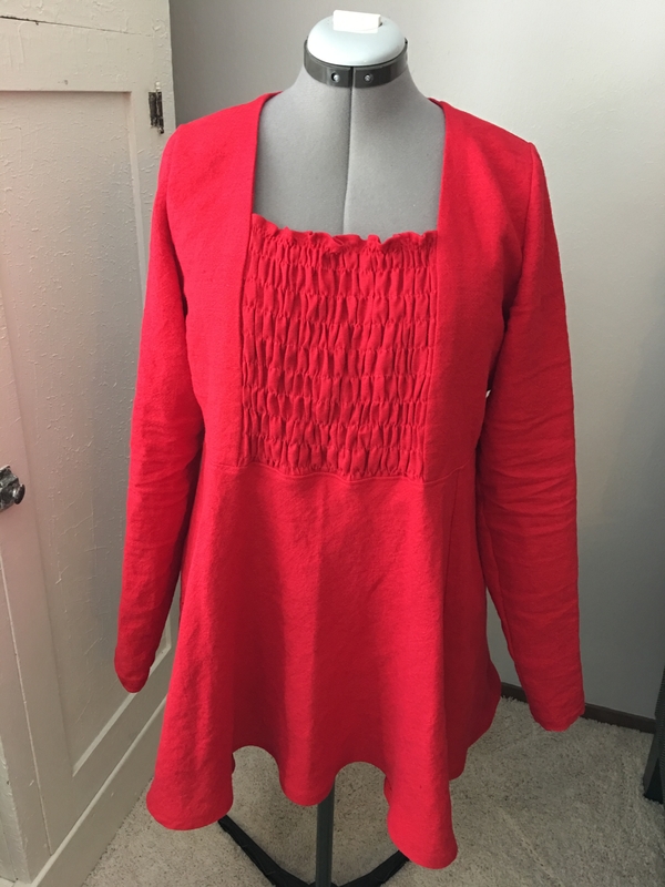 Peggy, Mid-weight Crimson used for this fitted &amp; flared top; a pattern of my own design.