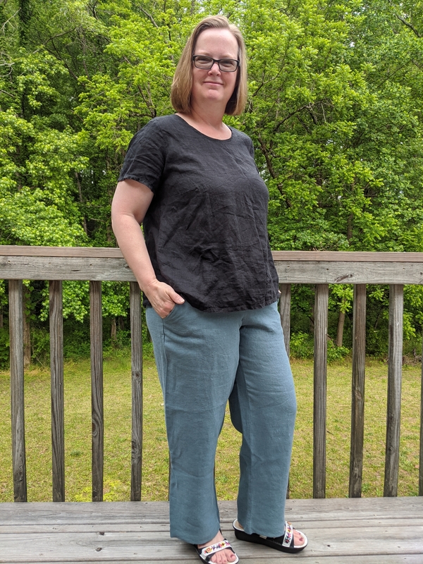 Sandra, Allegro Pants from Love Notions in Reed Heavy weight softened linen. Top is Harmony from same compan...