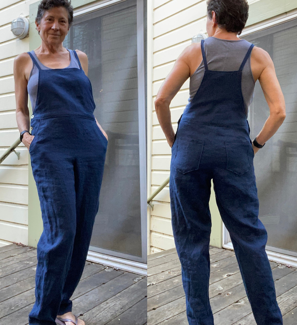 Heather, Summer overalls, softened 5.3oz, insignia blue. My own design and pattern.