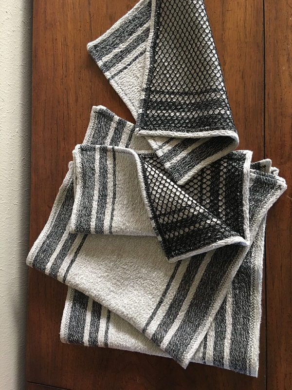Peggy, Black &amp; Tan canvas kitchen towels and scrubby dishcloths for my son to take to his college d...