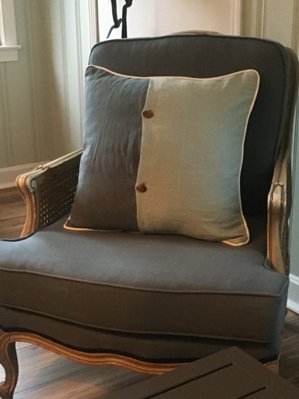 Kim, Chair upholstered in Reed heavyweight. Pillow in Reed and Meadow heavyweight with Bleached heavyweig...