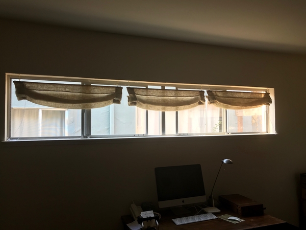 Giana, "Cursed window size (2x10ft!) and husband asked for Roman blinds. Sheer, for light and air; thr...
