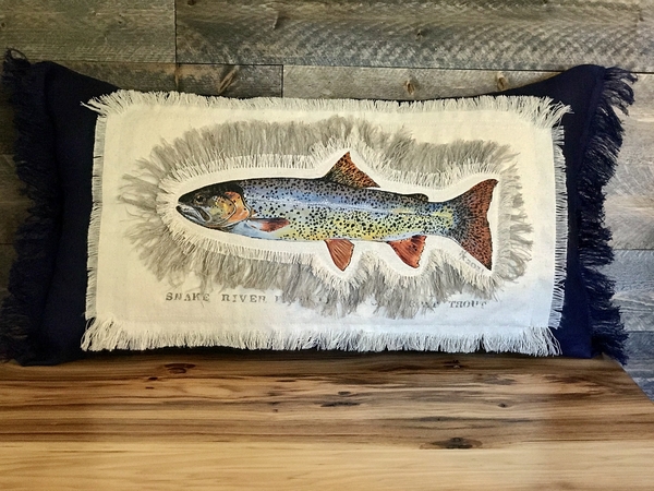 Nancy, Hand-painted Cutthroat Trout on Duck cloth and 100% linen lumbar pillow