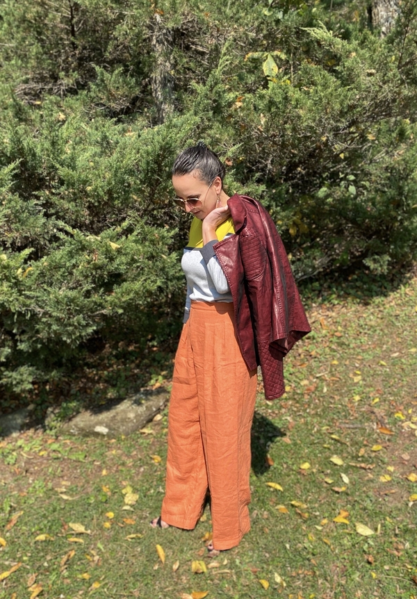 Josie, Using a vintage pattern, I crafted these wide leg trousers out of a few yards of Sanguine heavyweigh...