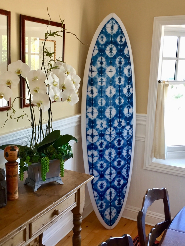 Laura, This surfboard was made with the lightweight linen using shibori natural dye.  I (the mom) dyed the...