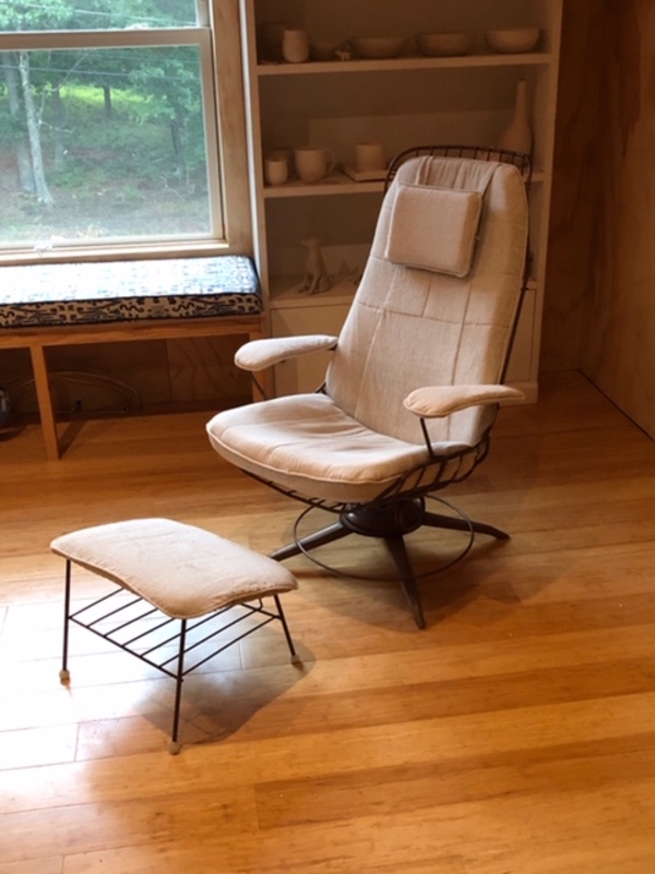 Barbara, Mid century chair pad and matching foot stool plus armrests and neck cushion, all done in 4C22 mix n...