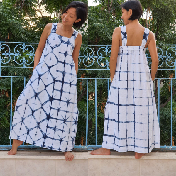 Geri, My Peppermint Magazine Wide Strap Maxi Dress in a white linen shibori-dyed in indigo with itajime (f...