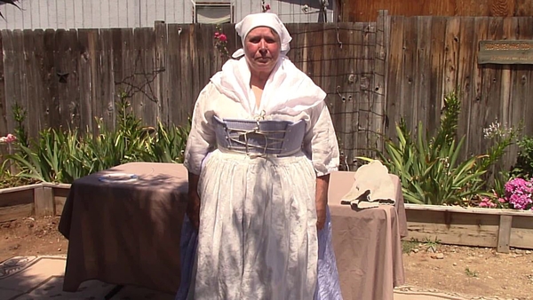 Linda, 1750 style outfit, from the skin out, 100% linen fabric. Almost entirely hand-sewn. Consists of shif...
