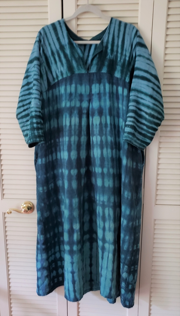Julia, Shibori dyed heavy 4C22 bleached linen dress. I pre dyed the lighter color, then the top part was fi...