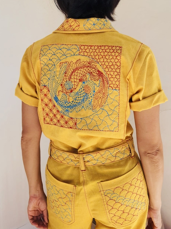 Geri, Traditional Chinese royal colors on modern workwear. Koi fish, in a legend, swim upstream in Yellow...