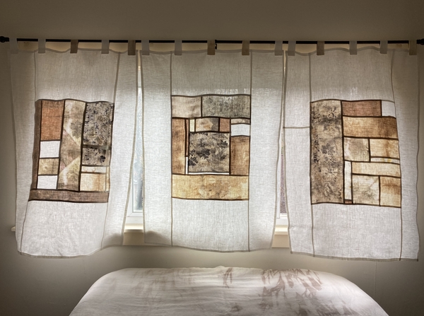 Catherine, Pojagi style curtains made from natural-dyed bleached linen (avocado, walnut, acorn, marigold) with...