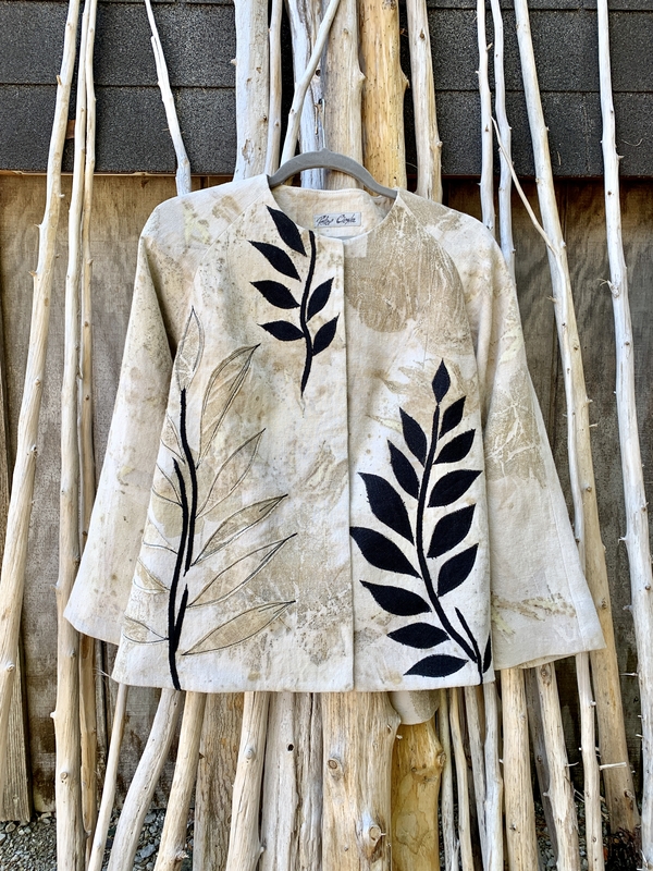 Peter, Jacket made of linen printed with Thimbleberry leaves. Applications made of same dyed/printed fabric...