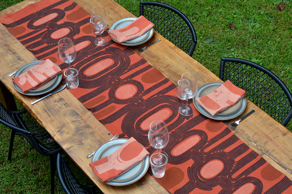 Emily, This Bold Earth linen table runner is treated with tannin and alum, hand printed with mordants, then...