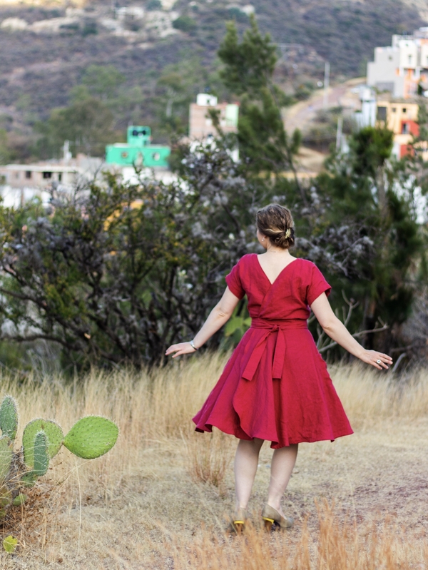 Ruth, This self-drafted, linen wrap dress can be worn 4 different ways, including this way, with the wrap...