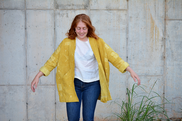 Emily, This hand-drafted jacket pattern was sewn with naturally dyed fabric. The linen started out white, w...