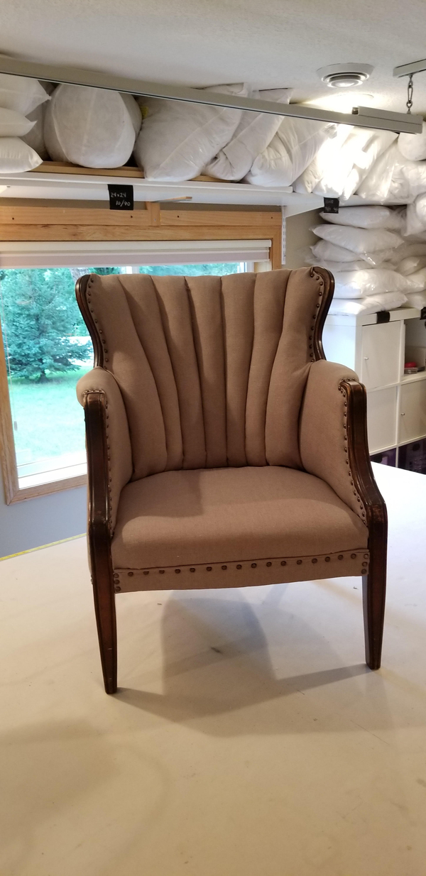 Jill, Channel back chair, Recovered with a knit-backed tan polyester fabric with a linen-look, finished wi...